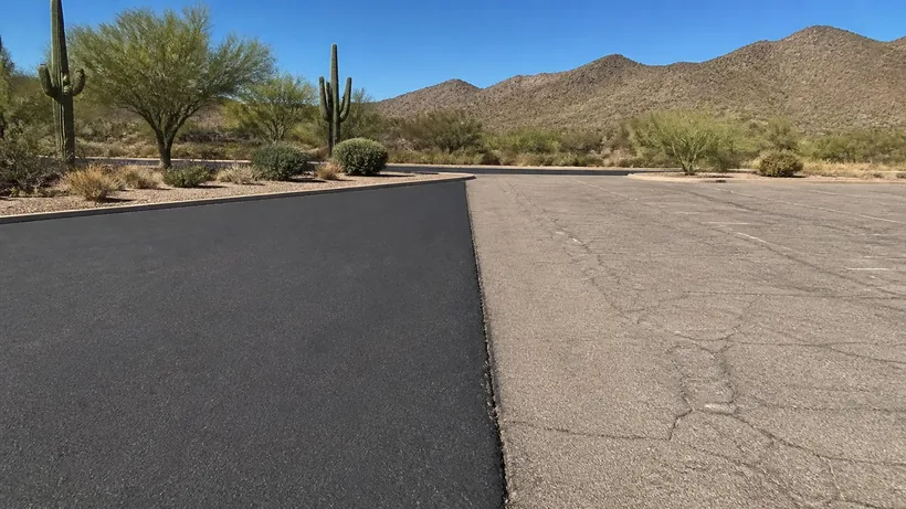 New asphalt layer meeting sun-faded cracked pavement along a straight edge with a visible step in level